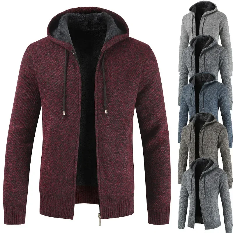 2023 Winter Thick Cardigan Mens Sweater Zipper Hooded Fashion Warm Slim Fit Knitted Sweater Male Fleece Hoodies Coats Men M-4Xl