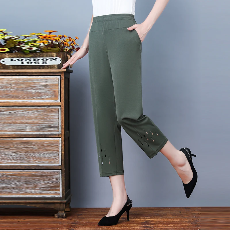 Nuevos pantalones de verano para mujer, pantalones informales elásticos de cintura alta, pantalones para mamá de mediana edad, Pantalones rectos de seda helada de talla grande para mujer 8XL