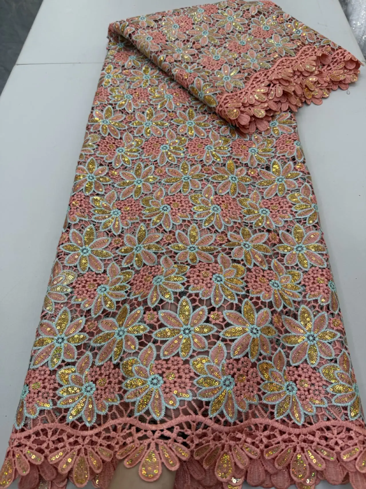 قماش دانتيل أفريقي 2025 جودة عالية، أقمشة قطنية بالمتر، تطريز، ترتر، كتان، فساتين الحفلات، تول، ابيض، 5 ياردات