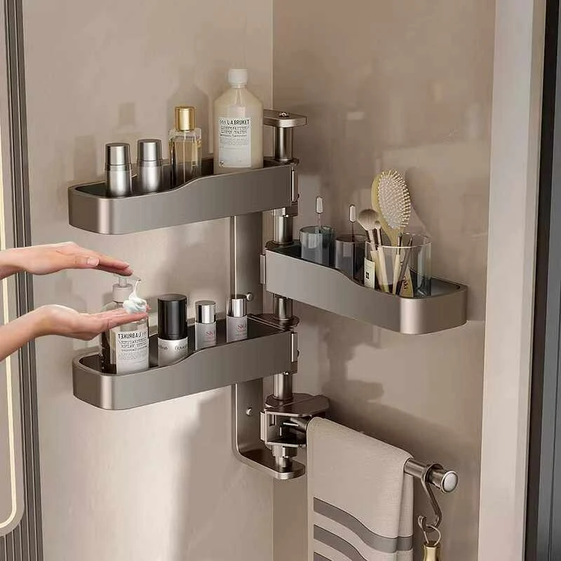 Rotating Bathroom Shelf No Drill Wall Mount Corner Organizer for Toilet Washbasin Storage Rack Home Space Saving Metal Set