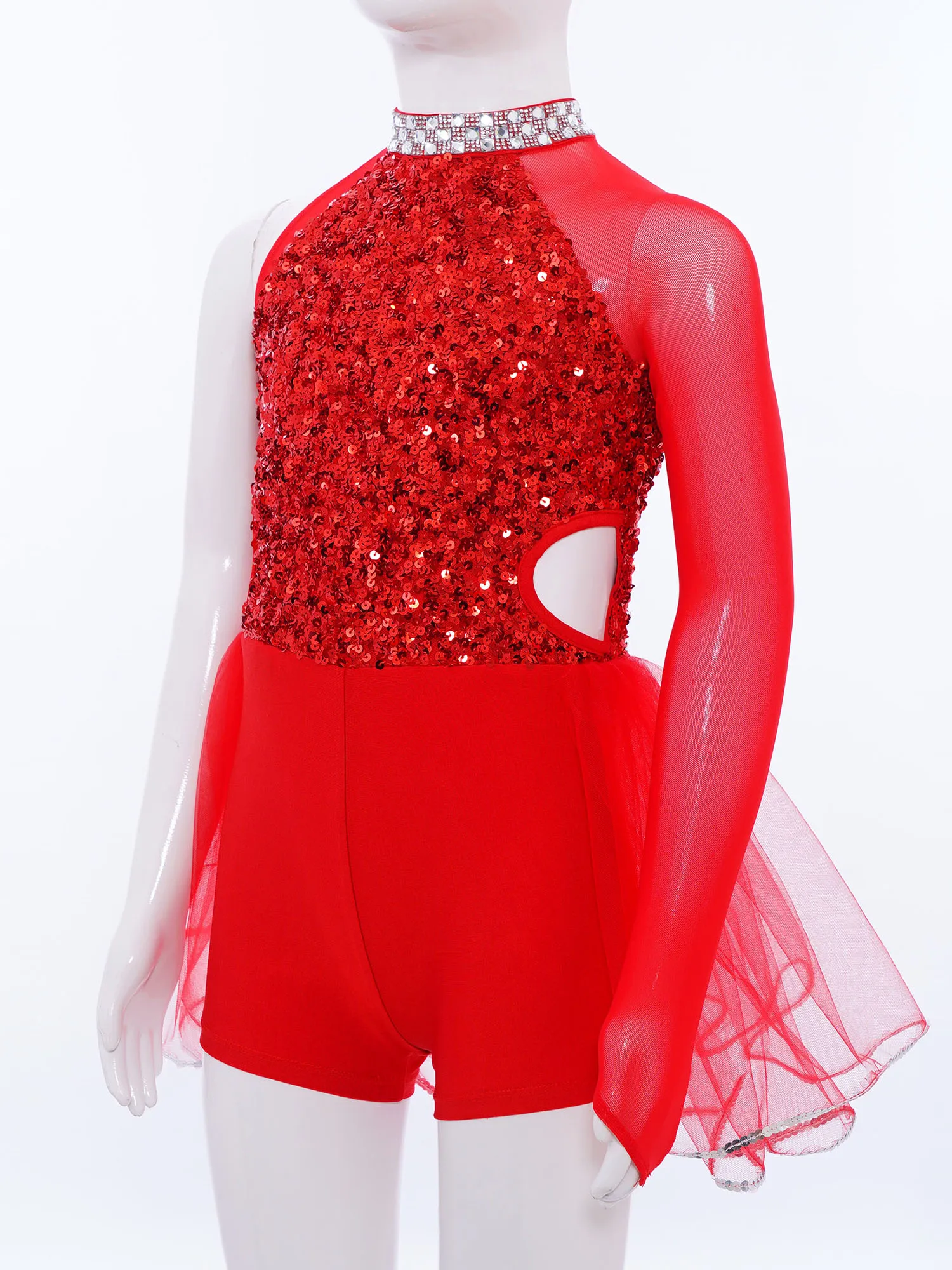 ชุดเดรสเต้นบัลเลต์แบบไหล่เดียว แขนยาว ประดับเลื่อมวิบวับ กระโปรงผ้าทูลล์ สำหรับเด็กผู้หญิง เหมาะสำหรับการเต้นแจ๊ส ฟิกเกอร์สเก็ต และยิมนาสติก