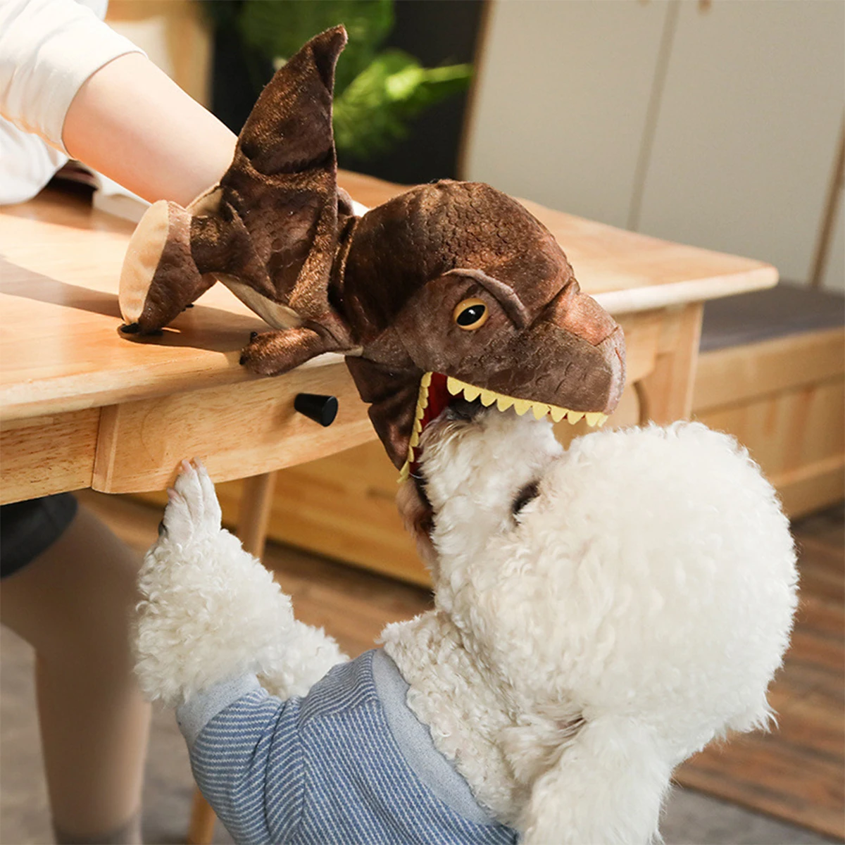 애완견 및 고양이 상호 작용 장난감 공룡 손 인형 장난감, 만화 봉제 인형, 부모-자녀 게임 공룡 티라노사우르스 헝겊 인형