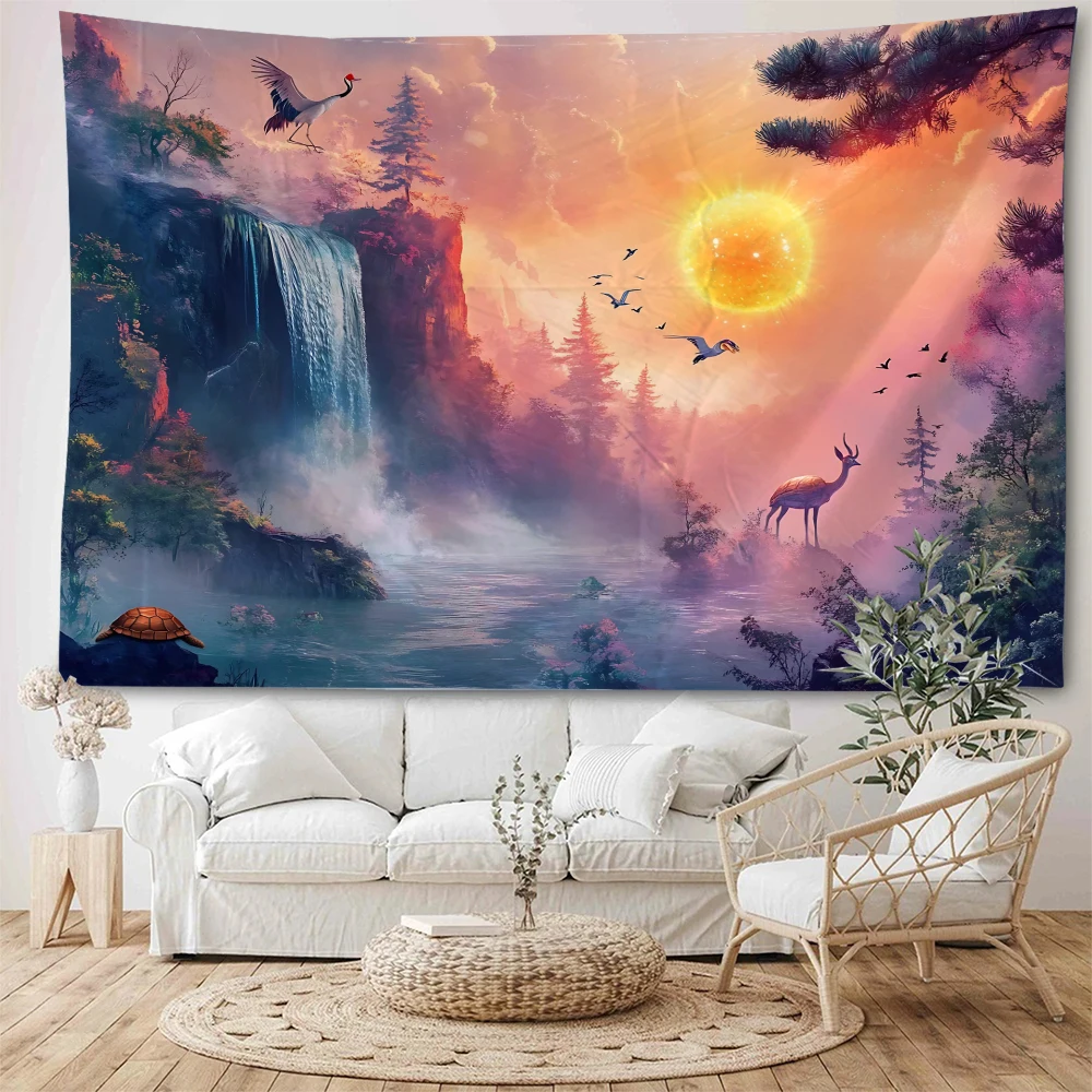 

Dreamy pink landscape waterfall landscape decoration tapestry Little Princess bedroom background wall decoration tapestry