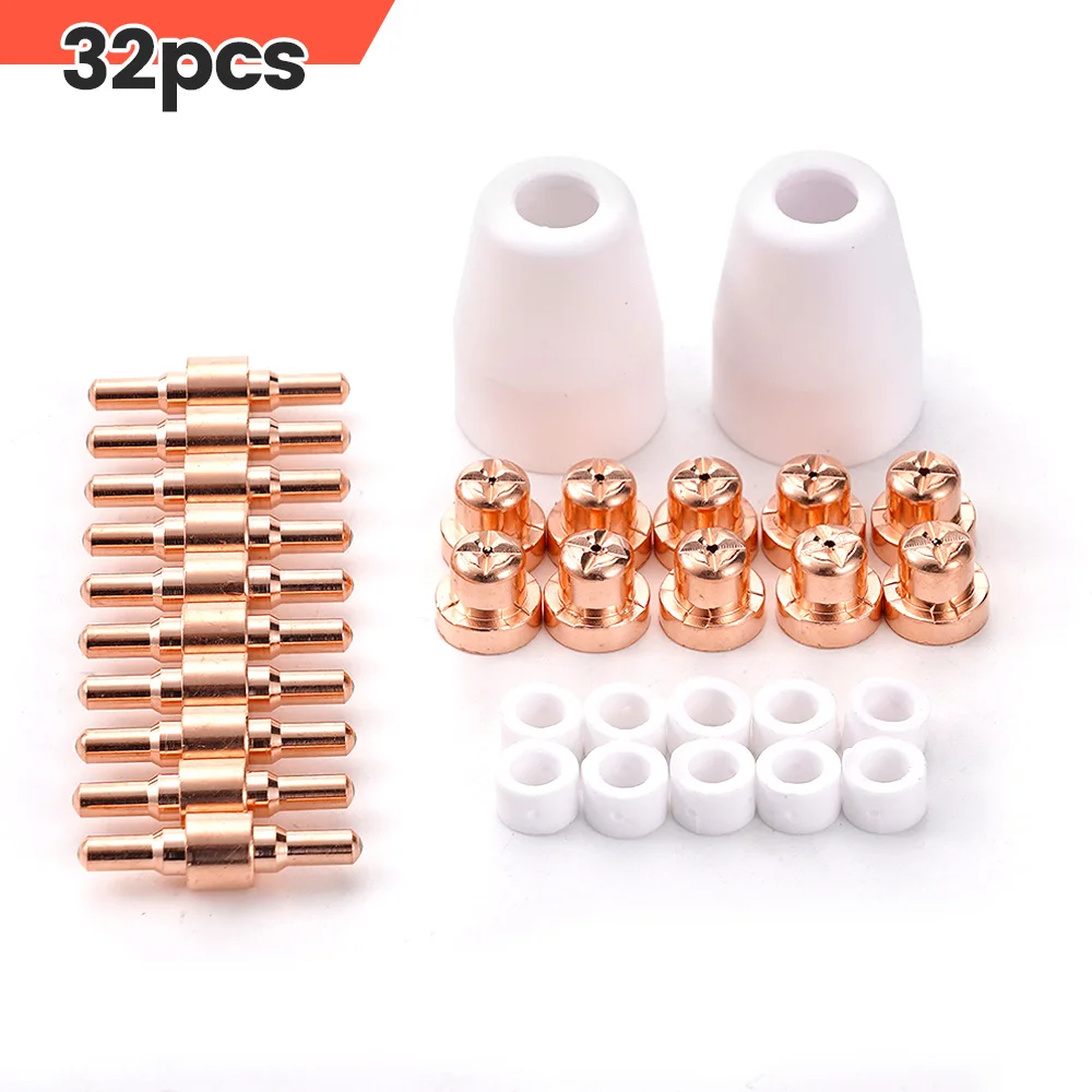 

32pcs PT31 Extended Nickel Plasma Cutter Tip Electrodes & Nozzles Kit 40A PT-31 Swirl Cup Tips Copper Consumables Kit