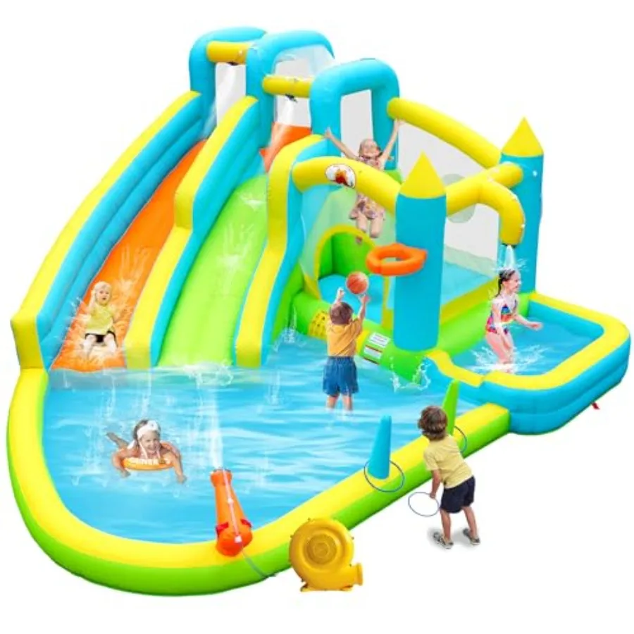 

Inflatable Water Double Slides with Blower, Jumping Castle with Deep Pool, Bounce House for 5 Aged 3-10, Water Cannon, Basketba