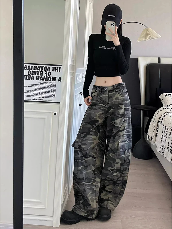 미국 레트로 카모플라주 와이드 레그 진 하이웨이스트 루즈핏 여성용 가을 스트레이트 컷 바지 캐주얼 슬릿 디테일