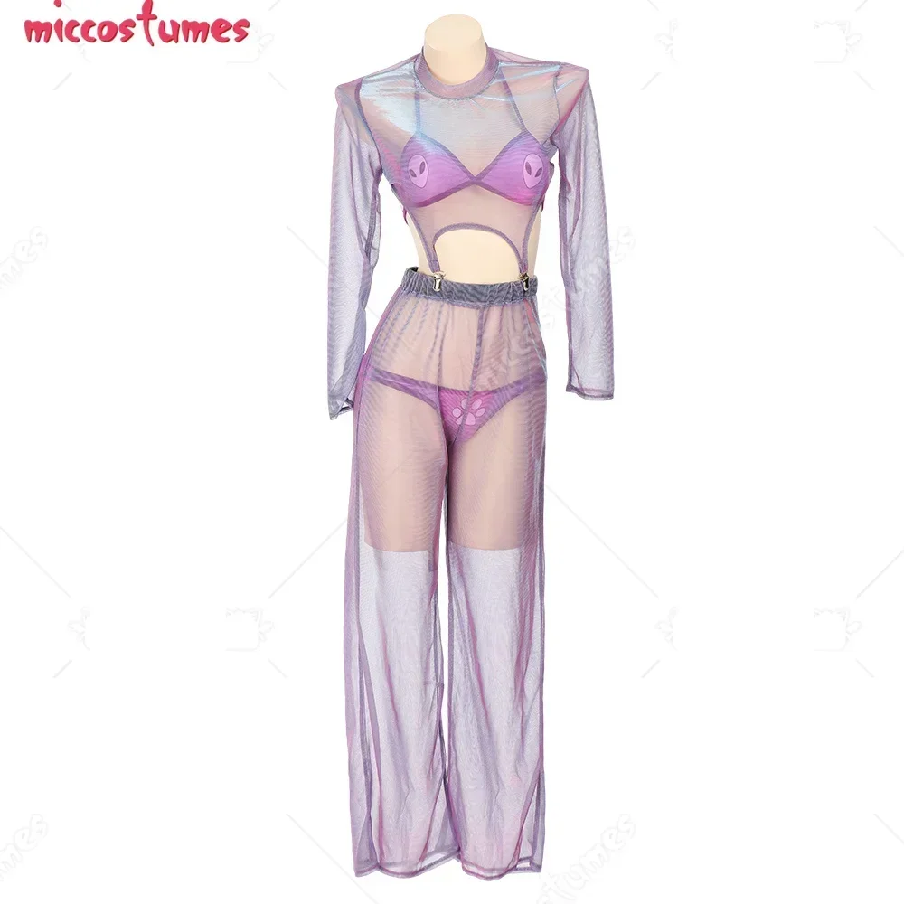 

Miccostumes Swimsuits for Women Alien Pattern Bathing Suit Swimwear Bikini Sets with Reflective Gauze Top and Trousers