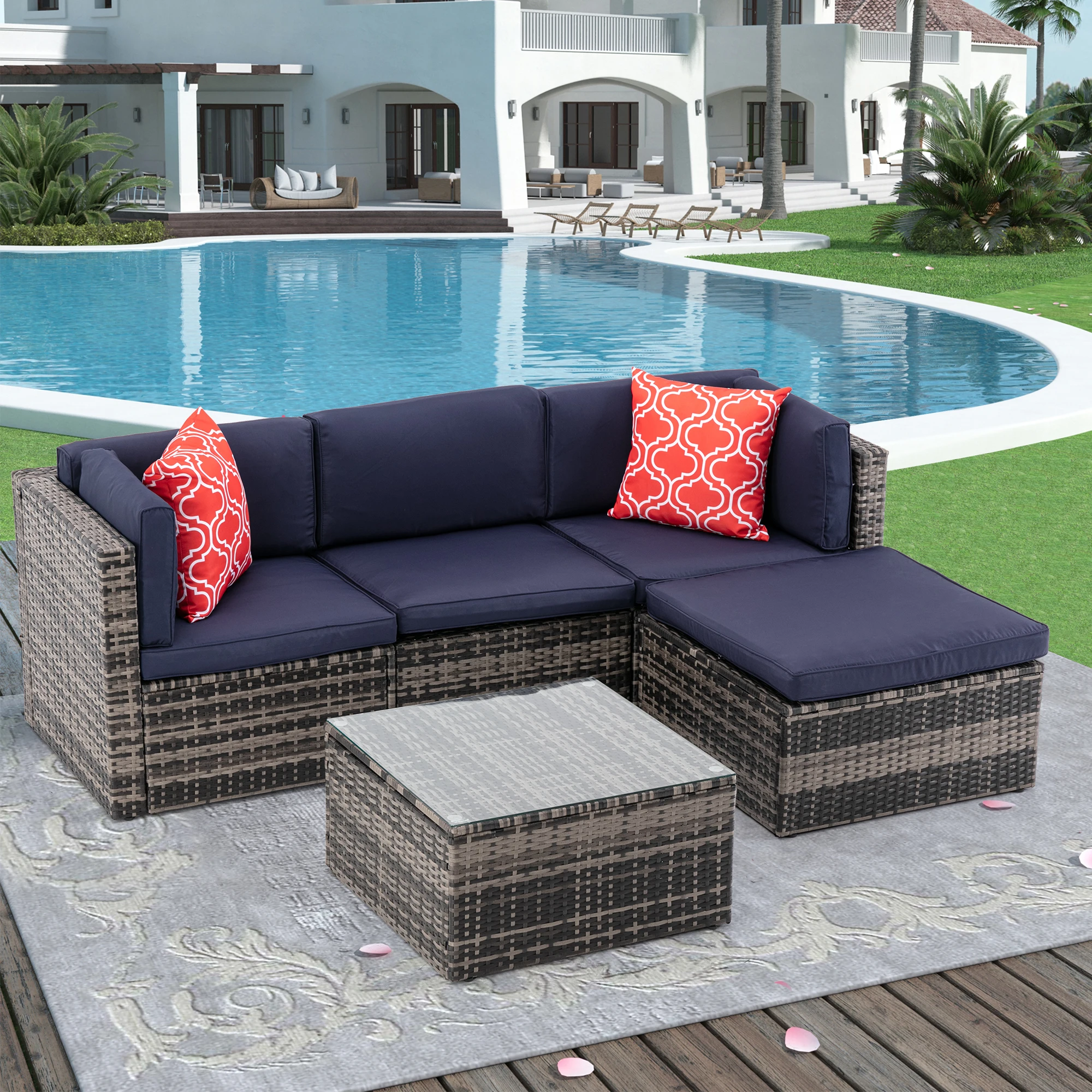 

5Pcs Outdoor Garden Patio Furniture PE Rattan Wicker Sectional Cushioned Sofa Sets with 2 Pillows and Coffee Table