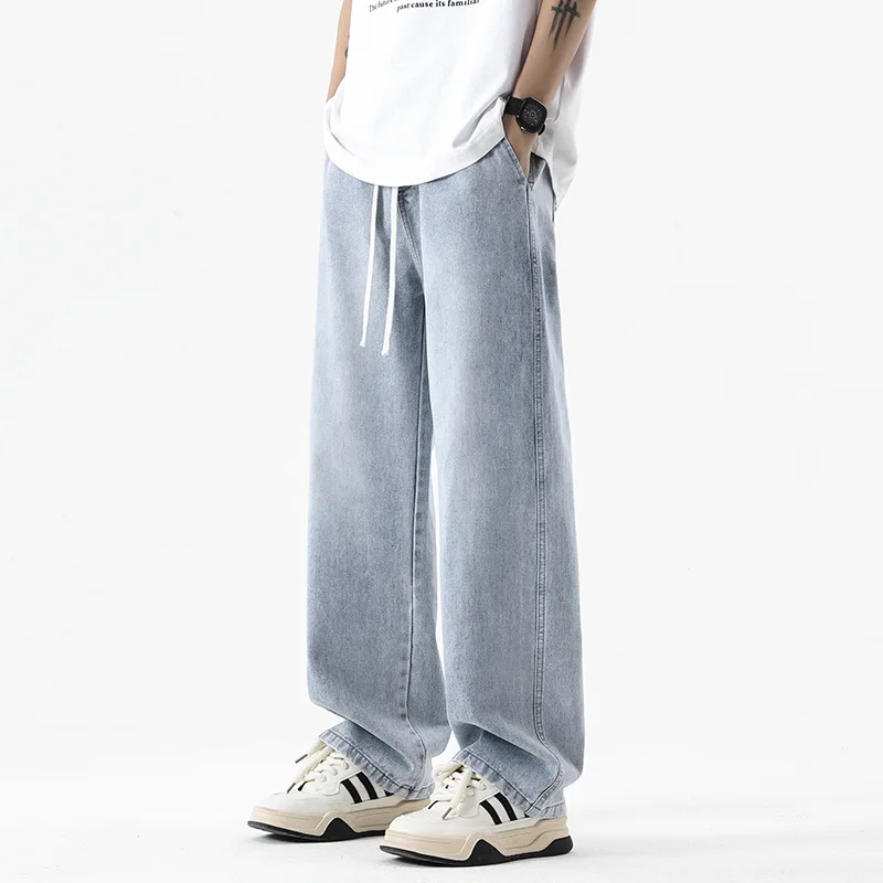 2025 nuevos pantalones vaqueros largos informales coreanos para hombres pantalones de pierna ancha de mezclilla de pierna recta clásicos para hombres color sólido AMI AMORING azul claro