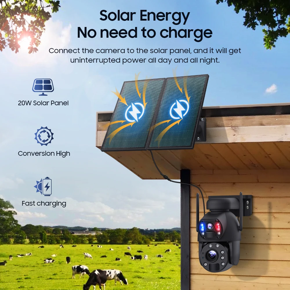 Solar Security Cameras Wireless Outdoor Battery Powered PTZ WiFi 6MP Camera For Home PIR Motion Detection Siren Night Vision