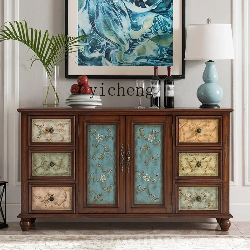 i10.9- Entrance Cabinet Solid Wood Retro Painted Partition Cabinet European Living Room Aisle Wall Entry Cabinet