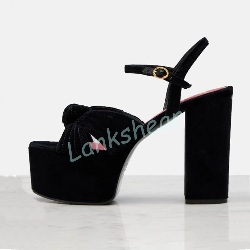 

Velvet Platform Knot Decor Sandals Peep Toe Block High Heel Ankle Buckle Strap Sexy Fashion Women Dress Shoes Summer Banquet New