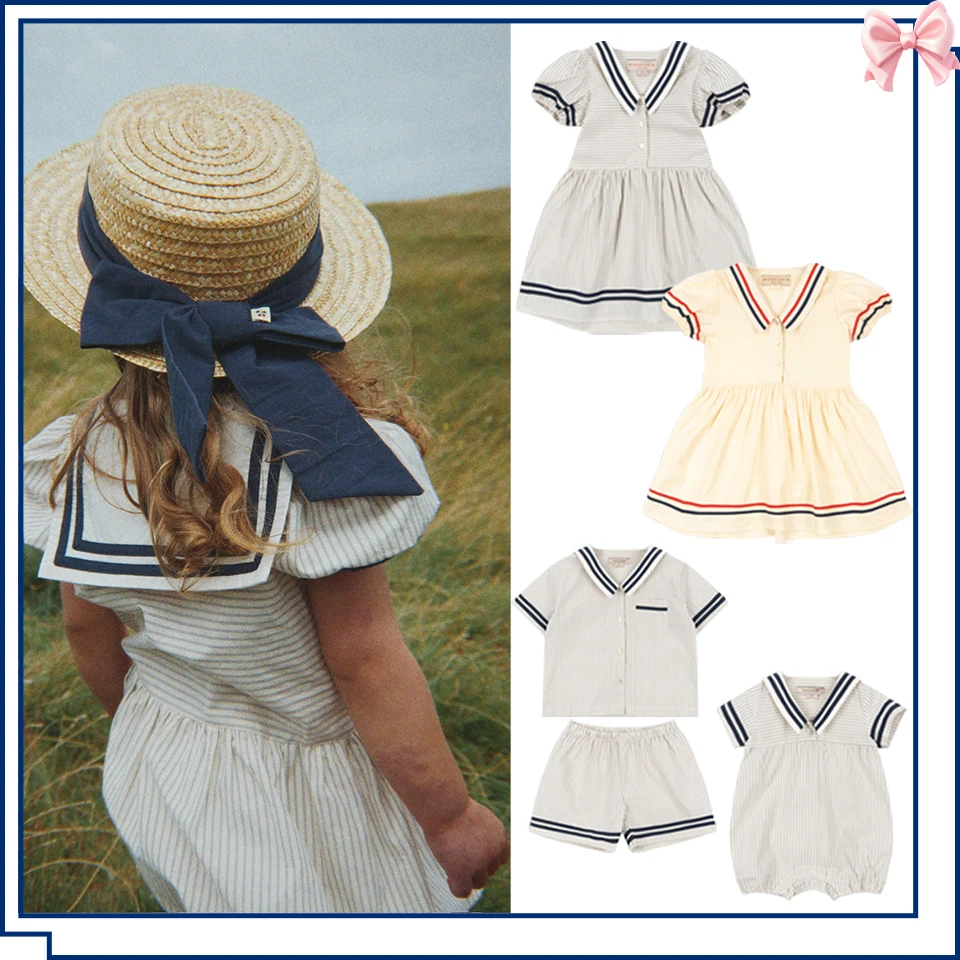

Girls Cute Preppy Dress Summer KS 2026 Boys Navy Style Polo T-shirt Tee Shorts Baby Cute Rompers Boy Striped Tops Clothes Set