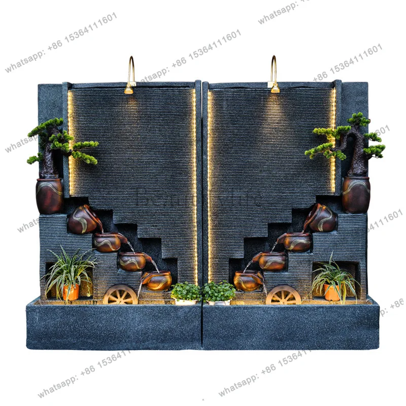 Large running water fountain water curtain wall screen ornament humidifier water feature hotel decoration