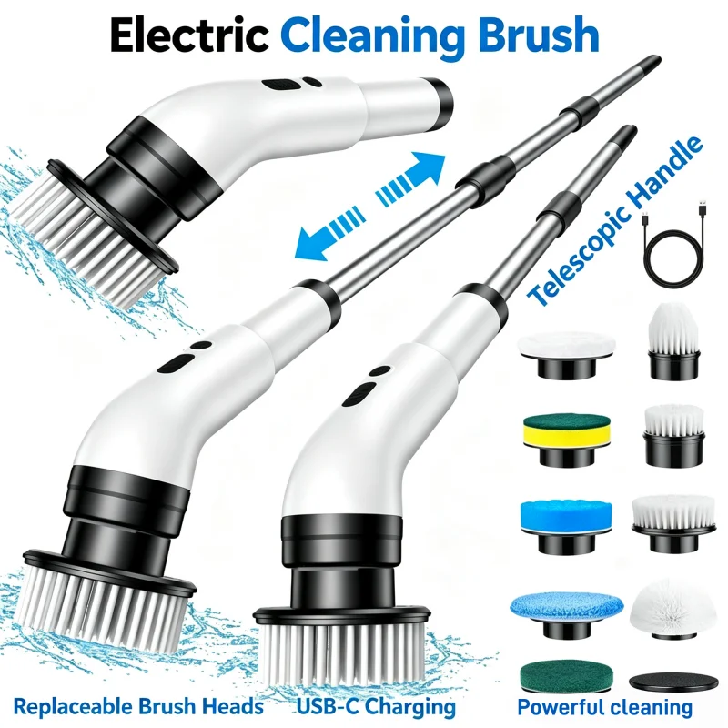 9-in-1 Stretchable Electric Cleaning Brush Set - Multifunctional Detachable Brush Head for Home Kitchen & Bathroom