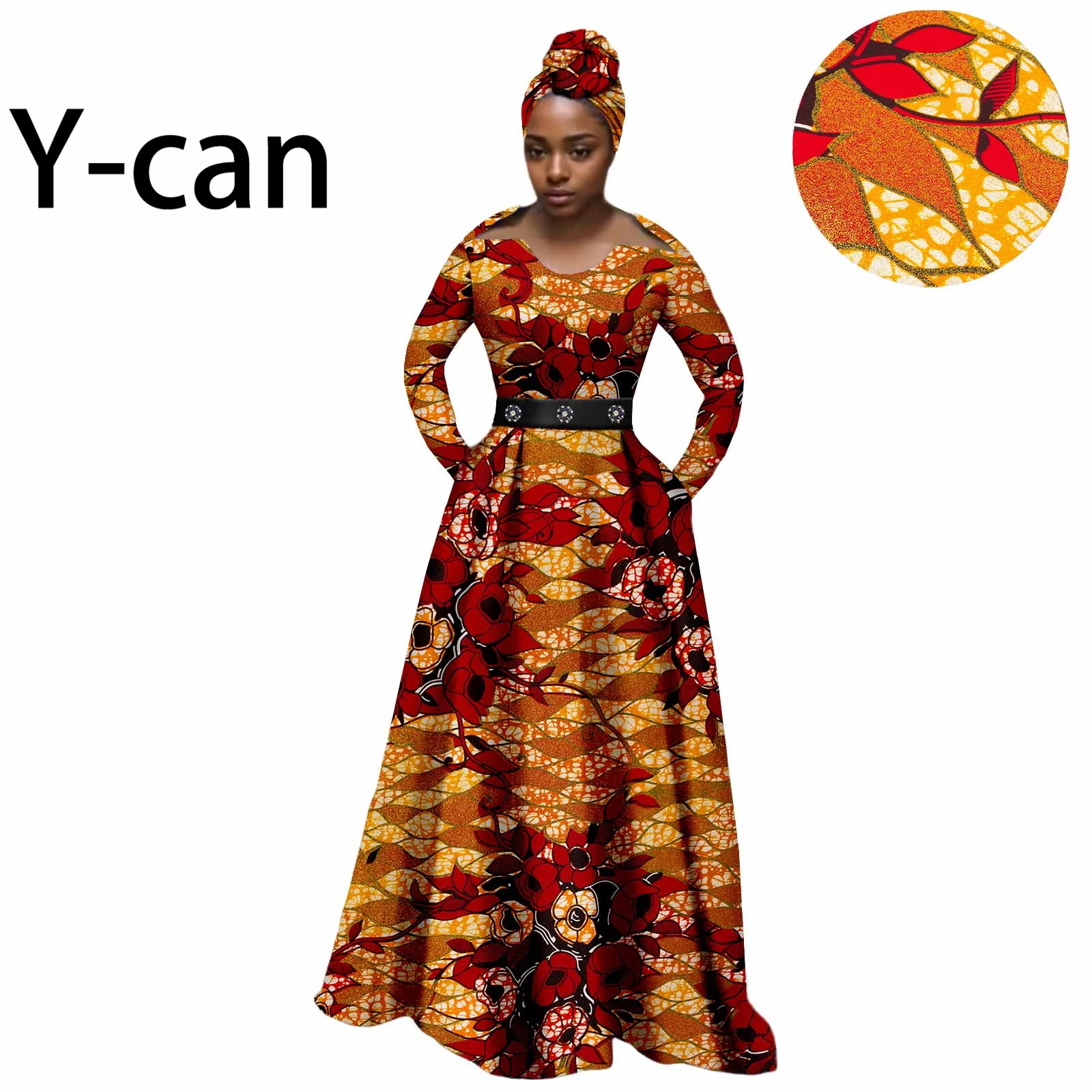 African Women Dress O-neck Long Sleeve Floor Length High Waist A-line Pleated Vestidos With Headscarf Causal Ankara Wax 2425112