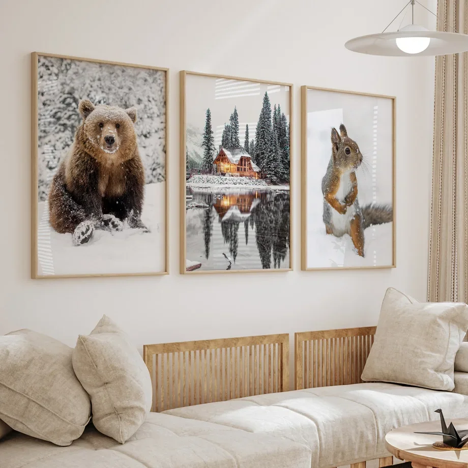 

Winter Snow Forest Pine Lake Hut Tiger Squirrel Bear Wooden House Posters Of Wall Art Canvas Prints Pictures Living Room Decor