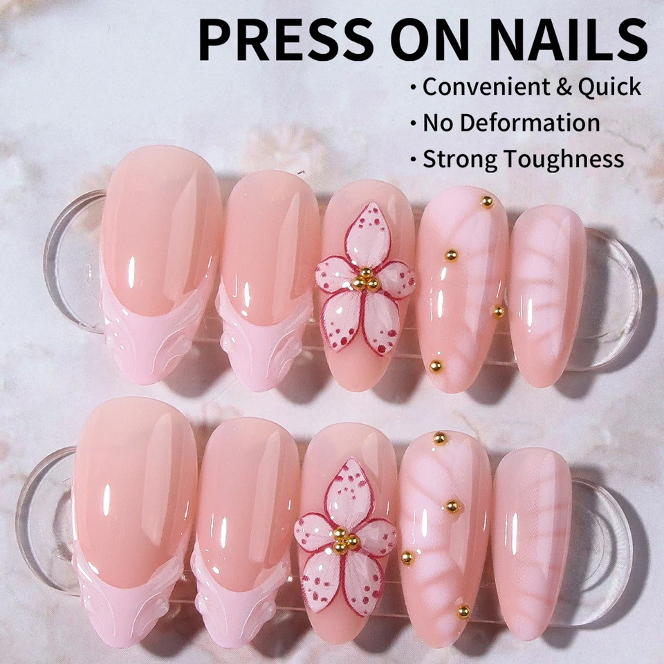 24 piezas de uñas postizas almendradas estilo Y2K con flores 3D de gel blanco, decoradas con cuentas doradas, para parches de manicura francesa 3
