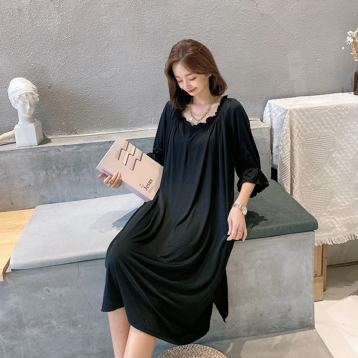 Fdfklak Casual New Cotton Modal Sleepshirt Loose Large Size Women\'s Nightgowns Elegant V Neck 3/4 Sleeve Long Night Dress