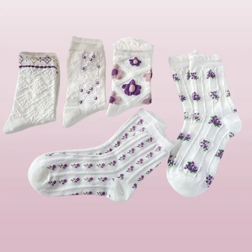 2024 New 5/10 Pairs Retro Small Floral Summer New Mid-tube Women's Socks Lace Lace Socks Korean Style Breathable Trendy Socks