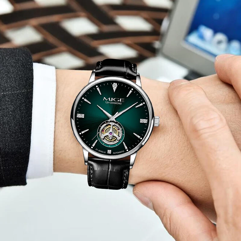 Mige brand green dial hot sale business steel Hollow mechanical watch men movement waterproof luxury fashion automatic watches