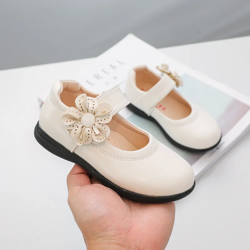 Girls Black Leather Shoes for School Party Flowers Floral Flats for Medium Big Kids Children\'s Princess Sweet Mary Janes Fashion