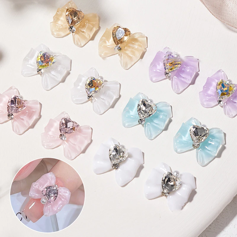 5 قطعة القوس الراتنج ثلاثية الأبعاد مع بريق القلب الراين اللؤلؤ مسمار الفن مجوهرات Deocrations النساء صالون الأظافر الفاخرة مانيكير السحر