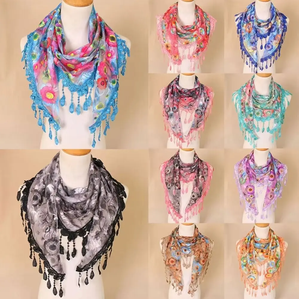 

Sun Protection Lace Scarf Colorful with Tassel Printed Wraps Korean Style Pastoral Style Flower Triangle Headband Outdoor