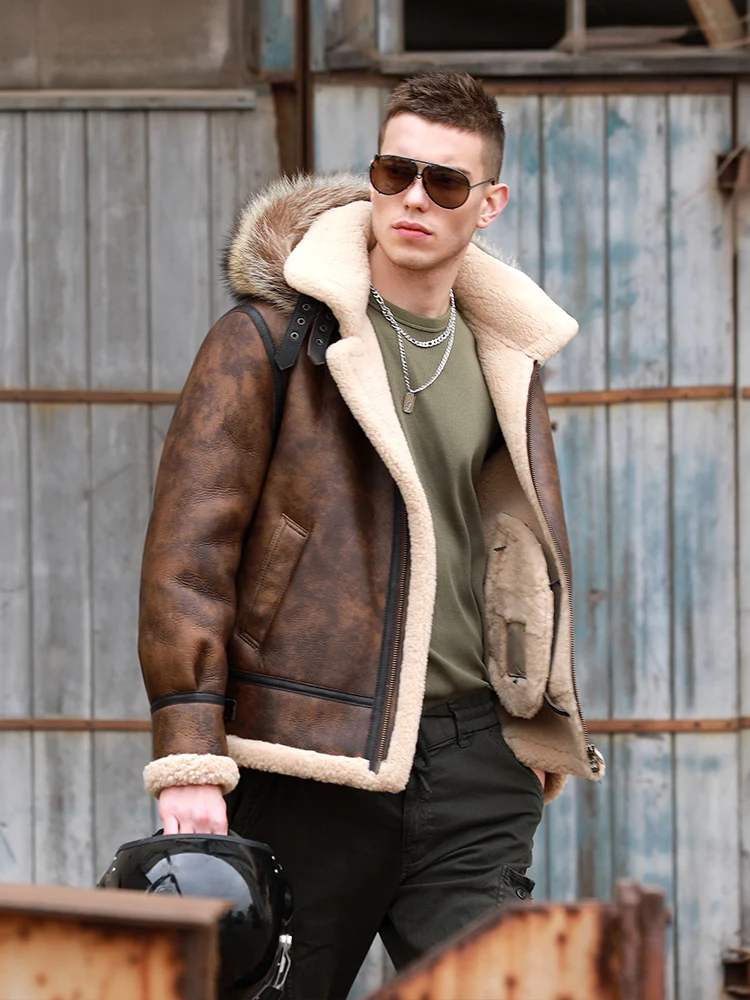 New Arrival Men's Winter Pilot Coat Genuine Leather Sheepskin Shearling Jacket for Motorcyclist Vintage Brown with Real Fur Hood