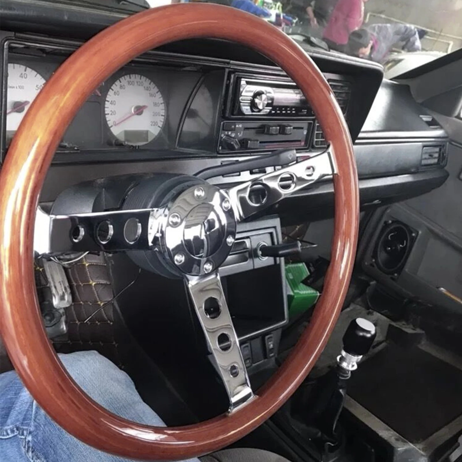 

15in 6-Hole Steering Wheel Retro Mahogany Wood Grip Stainless Steel Spoke with Horn Cover Cable