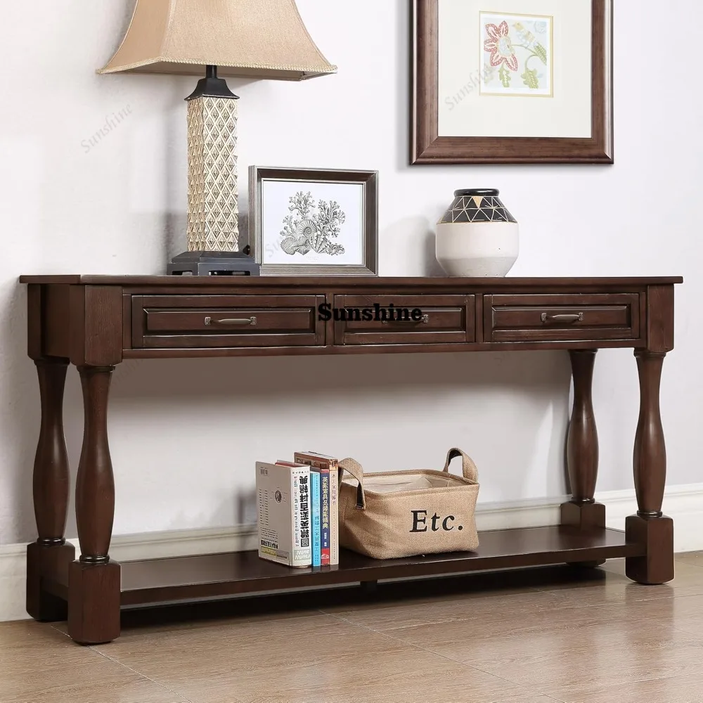 Long Antique Entry Console Table with 3 Drawers & Bottom Open Shelf, Solid Wood Sofa Table for Entryway Hallway