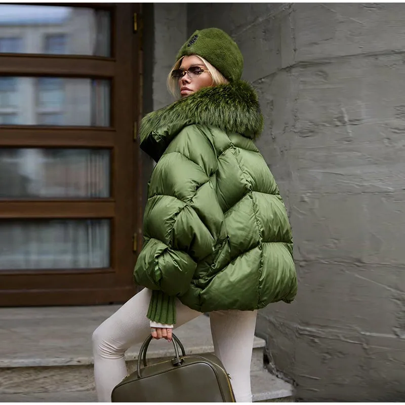Warm Fur Collar Cotton Coats Women's Green Lapel Zipper Full Sleeve Padded Jacket Overcoat 2026 Winter New Lady Loose Streetwear