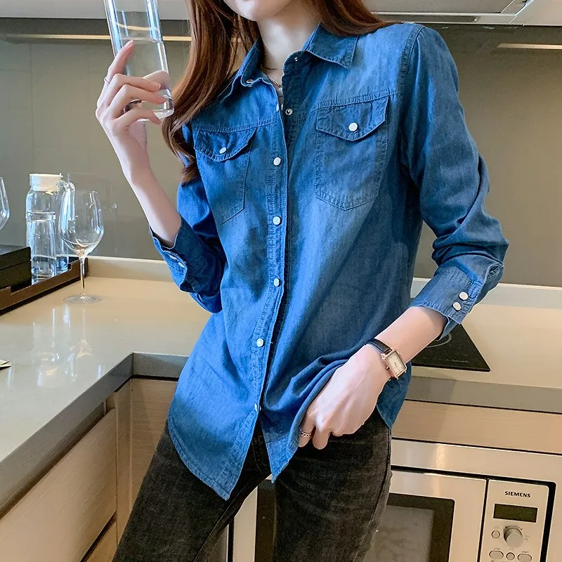 Women's Long Denim Shirt College Style Spring Autumn 2025 Sve Trendy Blue Cotton Casual Business Shirt for Ladies