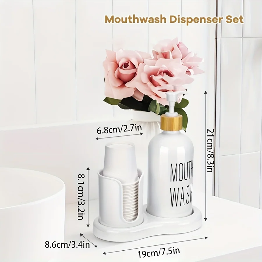 3pcs Bathroom Mouthwash Dispenser with Cup Holder,16 OZ Bottle with Pump Head,Paper Cup Holder,Mouthwash Cups ,Refillable