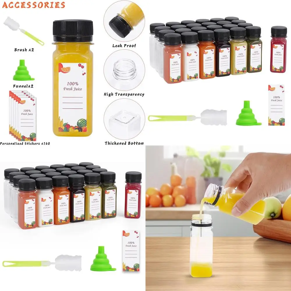 

2 oz Clear Empty Plastic Juice Bottles, 150 Count, Reusable with Caps, Ideal for Drinks, Smoothies, Juicing, Includes 2 Brushes,