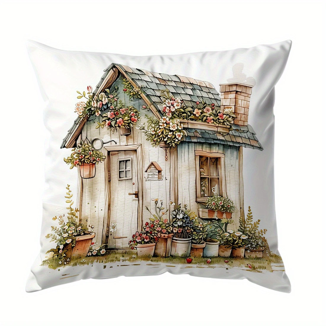 

Наволочка для подушки в деревенском стиле с акварельным принтом: цветочный узор, фермерский дом, сад. Декоративная наволочка для дивана, уютный домашний декор.