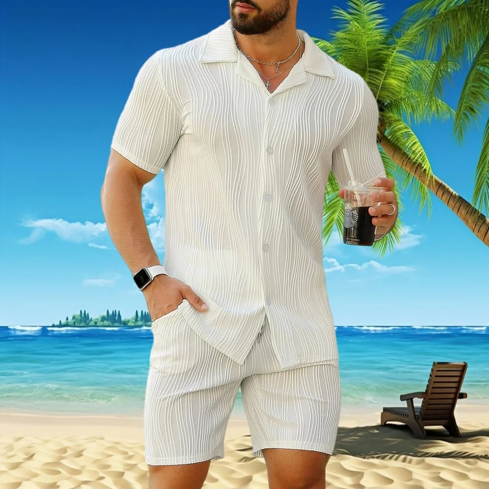 

New summer men's fashionable wavy casual solid-color short-sleeved shirt and breathable shorts set for beach and sports wear