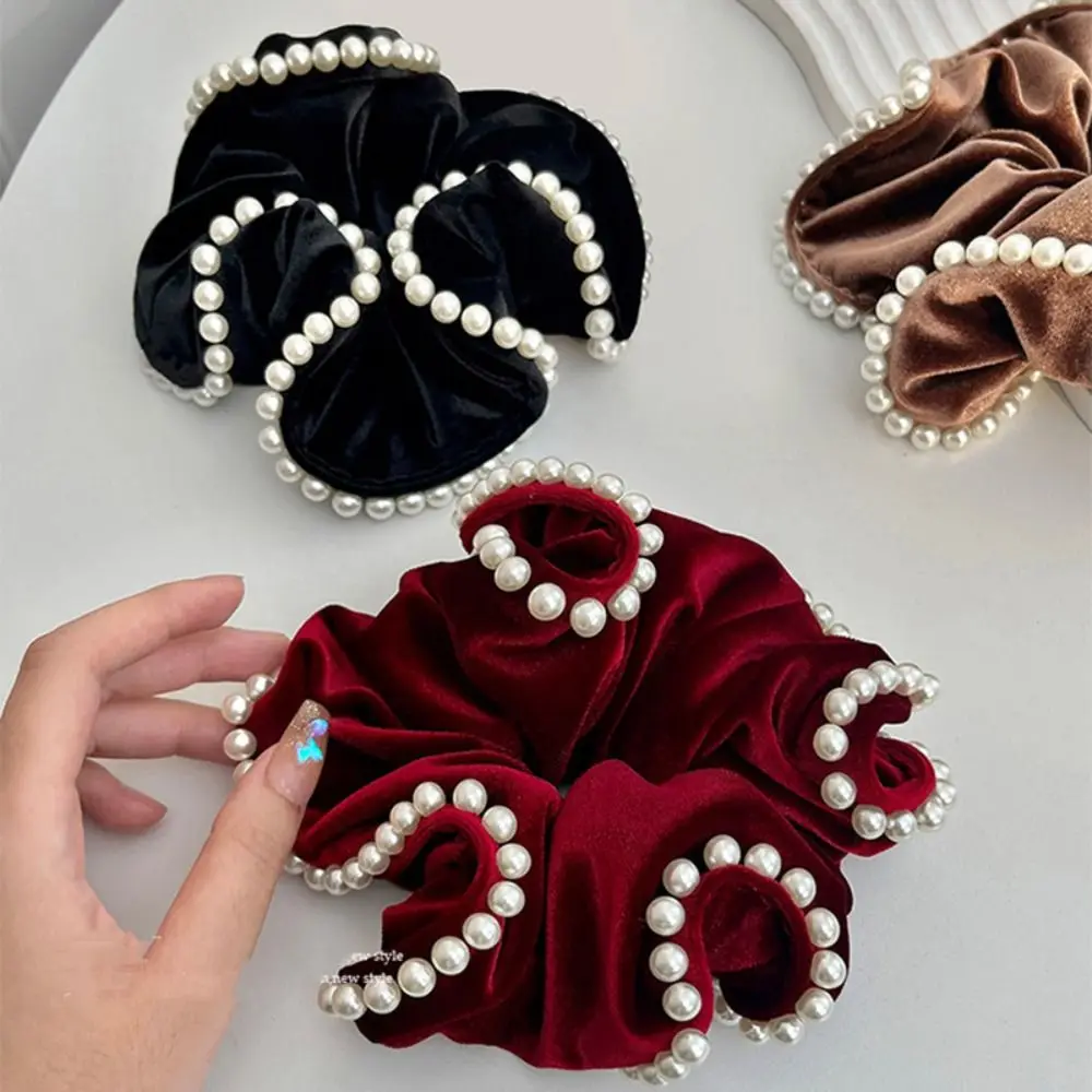 French Vintage Pearl Velvet Scrunchies Hair Tie Large Intestine Hairband Simple Elastic Hair Band Headwear Hair Accessories