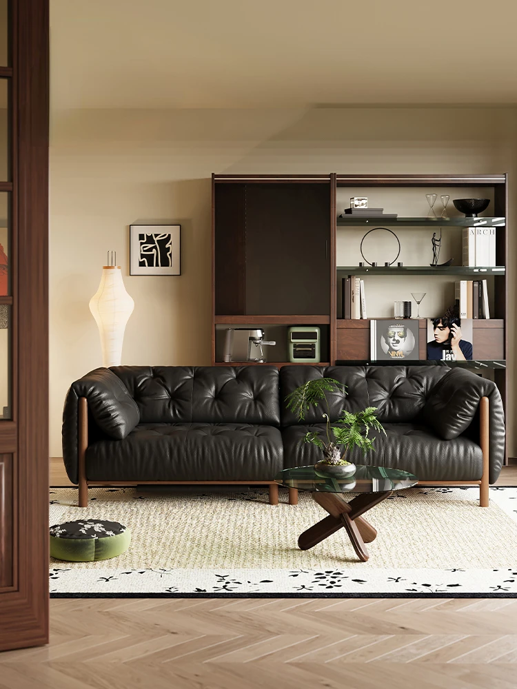 Retro black sofa living room designer first-layer leather furniture