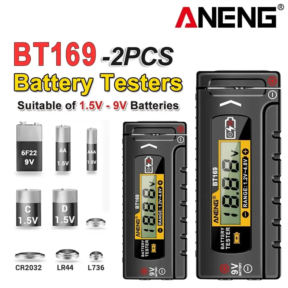 

ANENG Digital Battery Testers 2-Pcs BT169 Detector Battery capacity Tester AA/AAA/C/D/9V/1.5V Button Cell tester Tools
