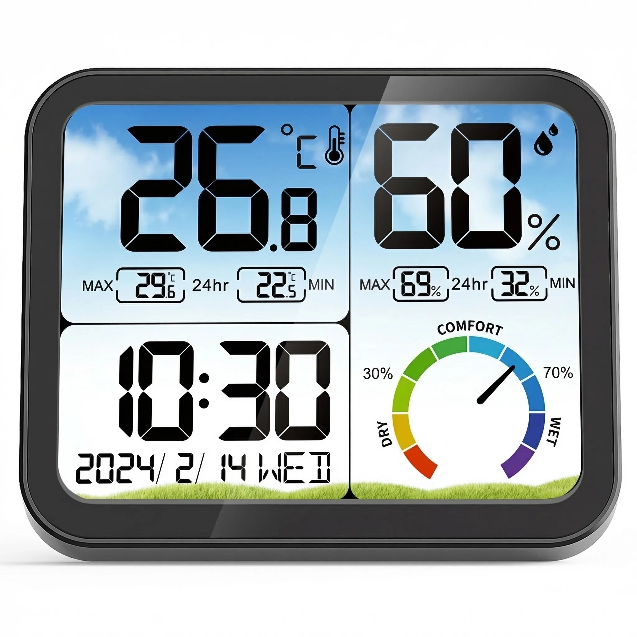 Thermomètre hygromètre numérique LCD pour la maison, moniteur de température et d'humidité avec horloge et calendrier, station météo de bureau intérieure