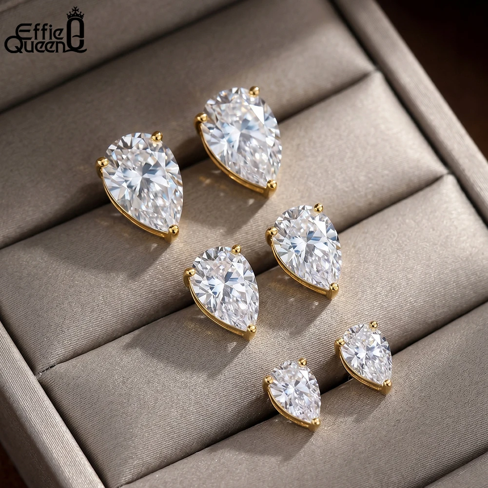 EFFIE QUEEN CZ Stud Earrings Stainless Steel White Cubic Zirconia Ear Stud Hypoallergenic 3 Claws Earring Wedding Jewelry HTKE16
