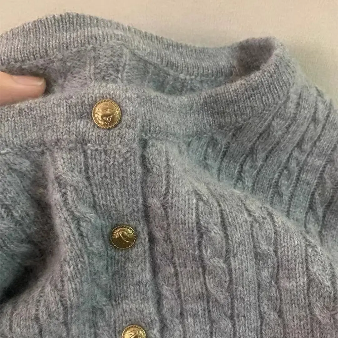 WinvyNee Women's Clothing O Neck 100% Wool Cardigan Golden Button Twist Solid Knit Tops Sweater Outerwear Blouse Jumper B1283005