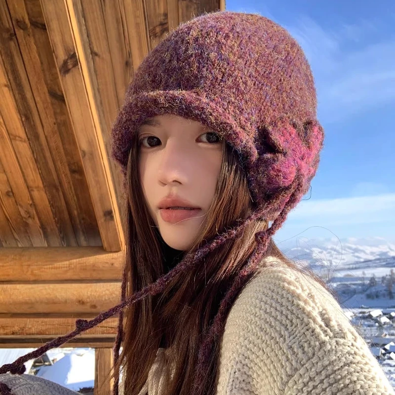 

Вязаные шапки ручной работы с бахромой в стиле ретро для женщин, осенне-зимняя дорожная универсальная атмосфера, теплая шапка для защиты ушей