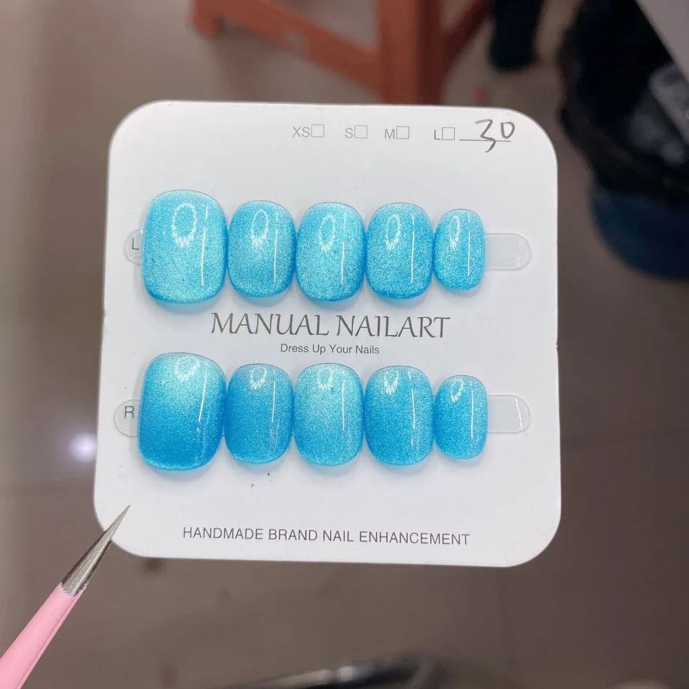 

10 шт. высококачественных накладных ногтей с эффектом кошачьего глаза, ручной работы, с блестящим гелевым покрытием, съемные, короткие, в форме миндаля