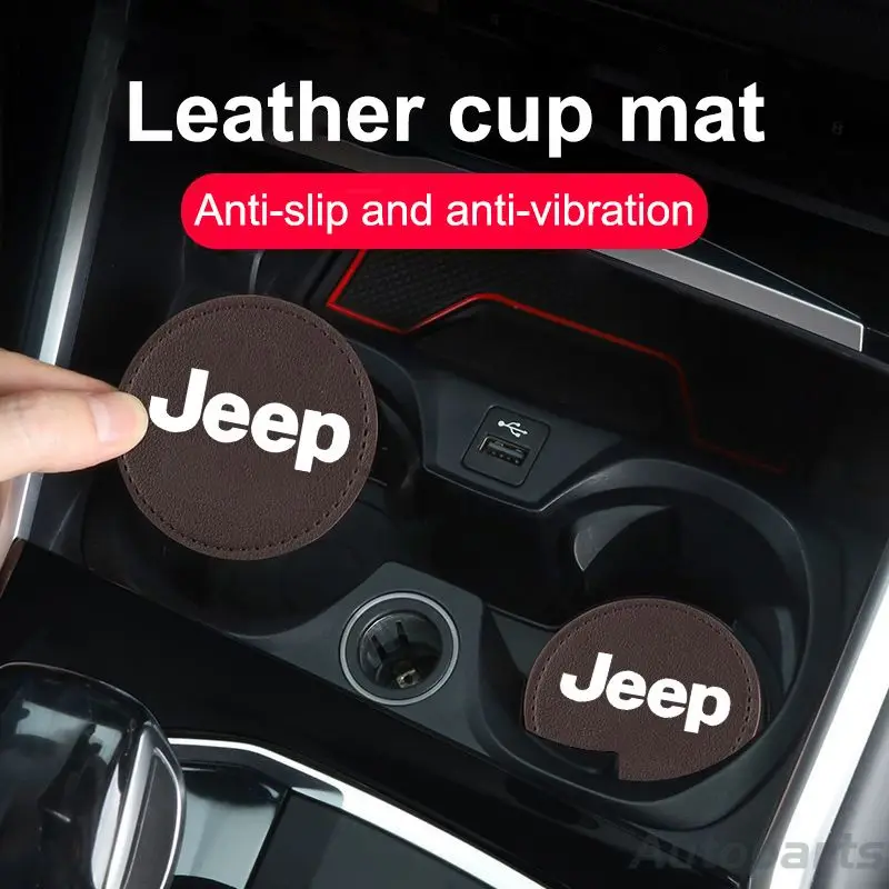 

2pc Car Coaster Water Cup Holder Leather Anti-slip Mat For Jeep Grand Cherokee Wrangler Renegade Commander Compass Gladiator