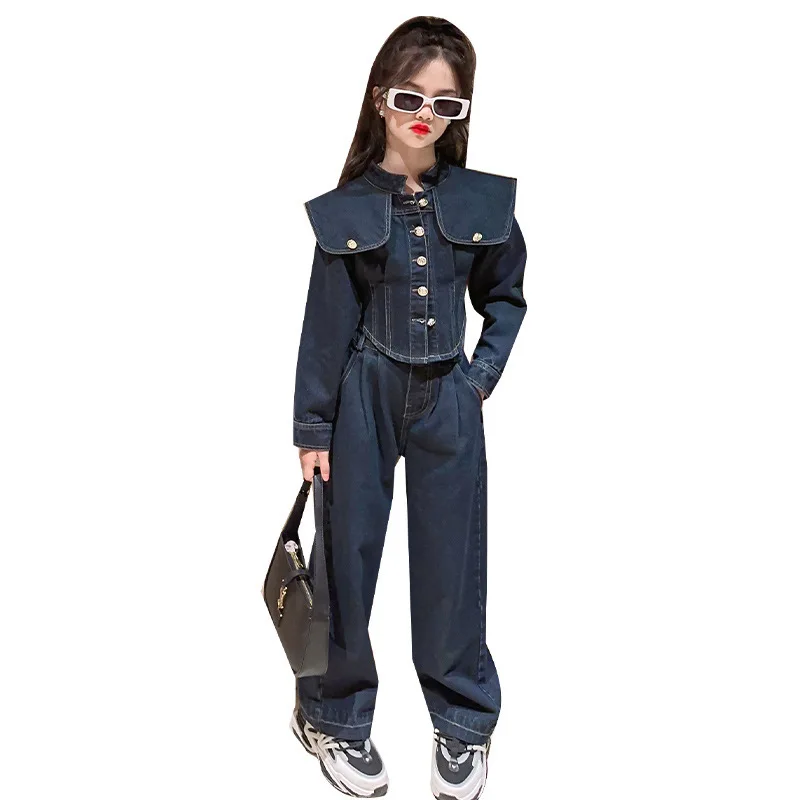 5-14 Year Children\'s Clothes Kids Spring Clothes Suit New Teenagers Girls Coat Cardigan Jeans Large Lapel Denim Two-Piece Set