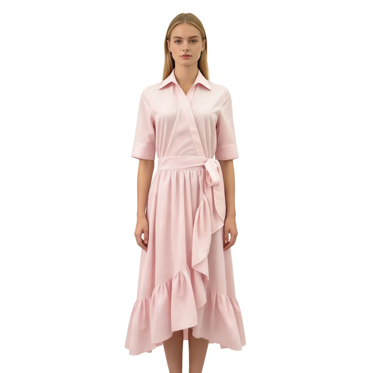 2026 Summer Women's Pink Midi Dress Short Sleeve Striped Lapel Ruffle Dress Cinched Waist Elegant Cocktail Party Dress