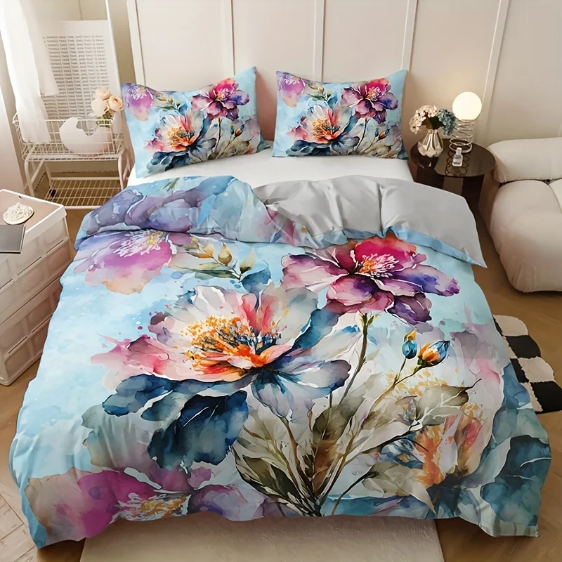 Watercolor Floral Print Washable Microfiber Bedding Set Soft Comfortable Duvet Cover For Bedroom Guest Room