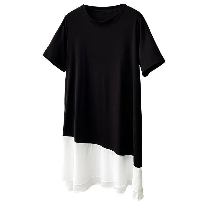 

2026 Summer Plus Size Black White Color Block Asymmetric Hem T-shirt Midi Dress Short Sleeve Casual Dress Curvy Ladies 2622